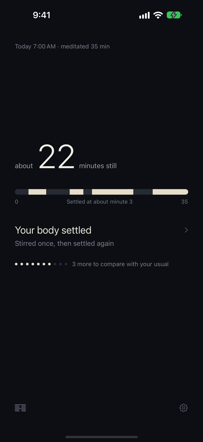 iPhone home screen: the latest meditation's minutes, its line and whether the body settled